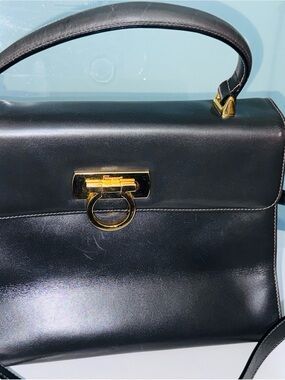 Salvatore Ferragamo Black Leather Top-Handle Satchel with Gold Hardware